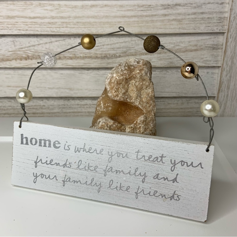 Home Friends and Family White Wooden Sign with Beaded Detail Decor Soft Style
